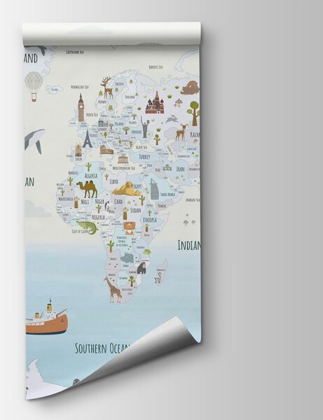 Fototapeta Mapa świata z różnymi zwierzętami, Fototapety z mapami świata, Popularne Fototapety, w03410 - Tapeko.pl