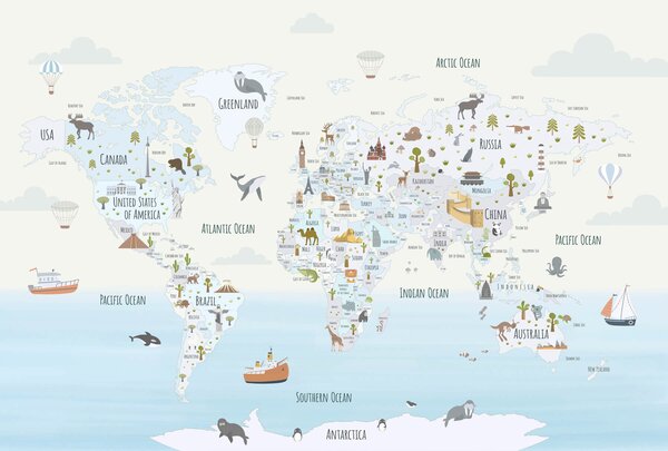 Fototapeta Mapa świata z różnymi zwierzętami, Fototapety z mapami świata, Popularne Fototapety, w03410 - Tapeko.pl