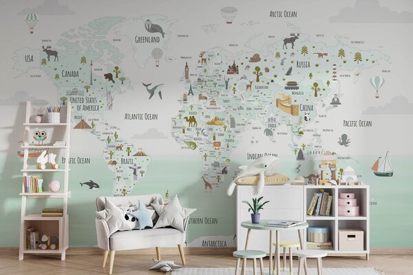 Fototapeta Mapa świata ze zwierzętami, Fototapety z mapami świata, Popularne Fototapety, w03410v2 - Tapeko.pl
