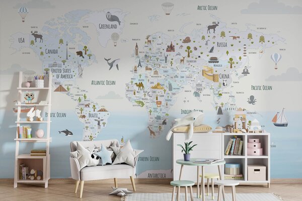 Fototapeta Mapa świata z różnymi zwierzętami, Fototapety z mapami świata, Popularne Fototapety, w03410 - Tapeko.pl