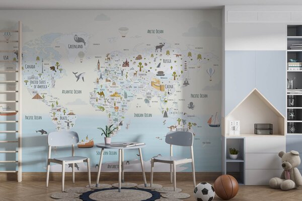 Fototapeta Mapa świata z różnymi zwierzętami, Fototapety z mapami świata, Popularne Fototapety, w03410 - Tapeko.pl