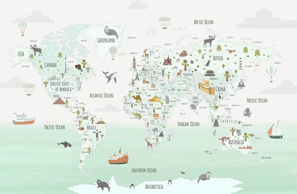 Fototapeta Mapa świata ze zwierzętami, Fototapety z mapami świata, Popularne Fototapety, w03410v2 - Tapeko.pl