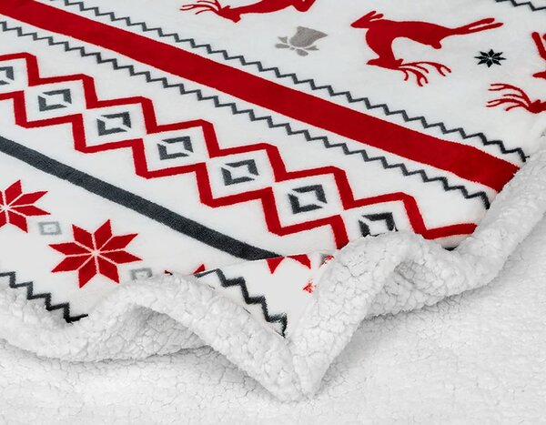 Świąteczny biały koc z mikropluszu z barankiem RETRO CHRISTMAS Rozmiar: 160 x 200 cm
