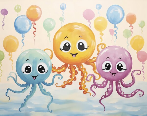 Fototapeta Grupa ośmiornic z balonami, Fototapety Balony, Popularne Fototapety, w03657 - Tapeko.pl