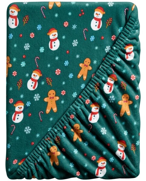 Prześcieradło z mikropluszu SNOWMAN AND GINGERBREAD 90x200 cm zielone