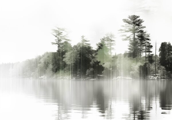 Fototapeta Zbiornik wodny z drzewami i mgłą, Fototapety Natura, Popularne Fototapety, w09058 - Tapeko.pl