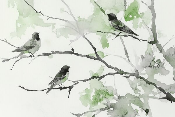 Fototapeta Grupa ptaków siedzących na gałęzi drzewa, Fototapety Natura, Popularne Fototapety, w09064v3 - Tapeko.pl