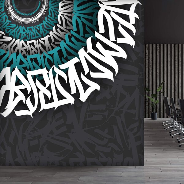 Fototapeta Biało-niebieskie graffiti na czarnym tle, Nowoczesne Fototapety, Popularne Fototapety, t00012 - Tapeko.pl
