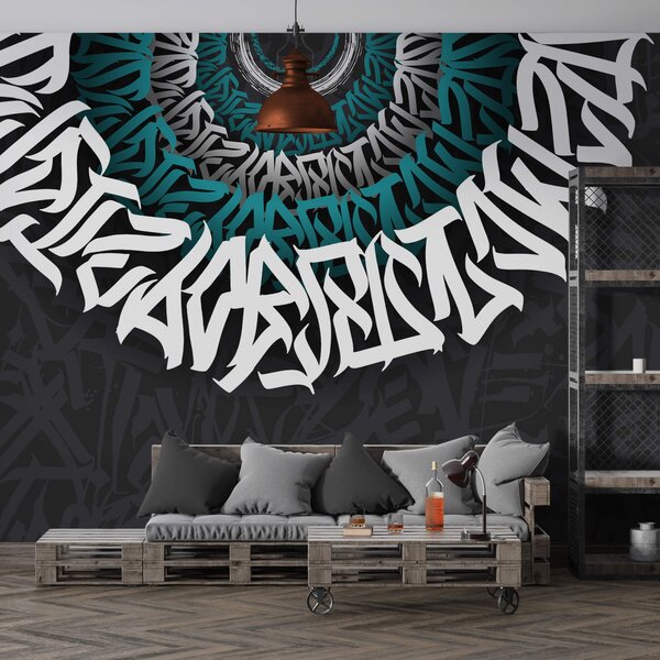 Fototapeta Biało-niebieskie graffiti na czarnym tle, Nowoczesne Fototapety, Popularne Fototapety, t00012 - Tapeko.pl
