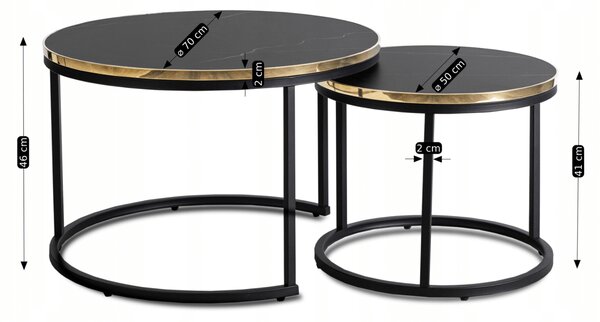 Zestaw Stolików Kawowych ARON 70 cm/50 cm Czarny Marmur Glamour