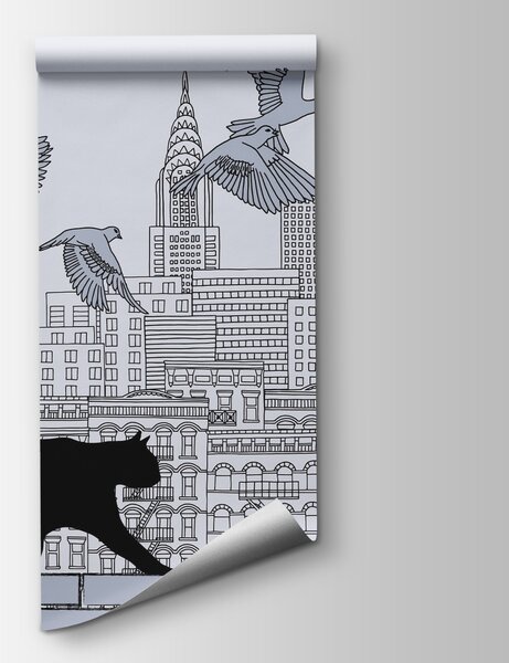 Fototapeta Kot spacerujący po ścianie z ptakami latającymi na niebie, Fototapety miasta na ścianie, Popularne Fototapety, t00078 - Tapeko.pl