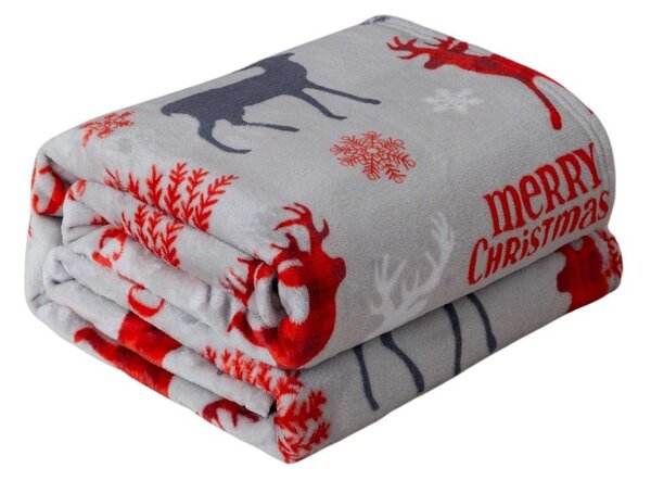 Świąteczny mikro pluszowy koc MERRY CHRISTMAS DEER szary Rozmiar: 200 x 220 cm