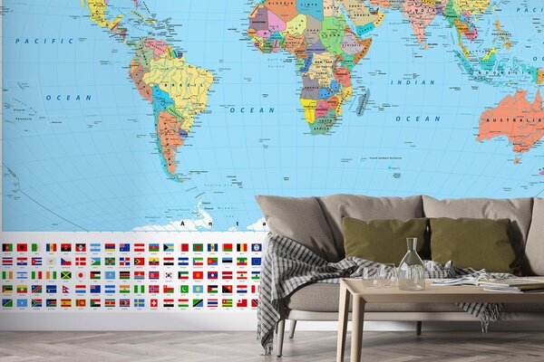 Fototapeta Mapa świata z różnymi flagami, Fototapety Dziecięce, Popularne Fototapety, u60137 - Tapeko.pl
