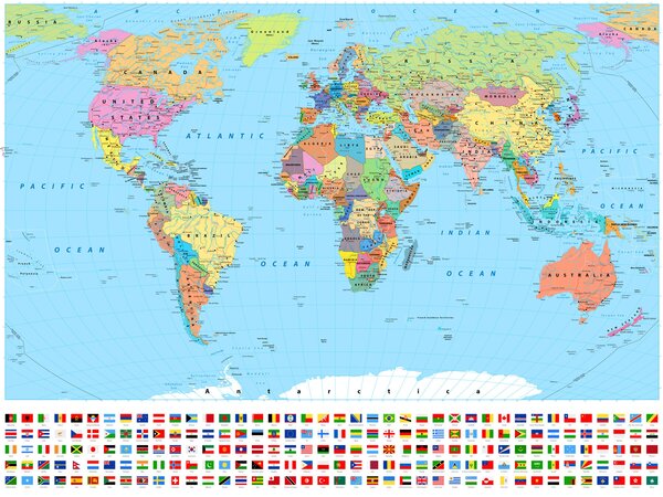 Fototapeta Mapa świata z różnymi flagami, Fototapety Dziecięce, Popularne Fototapety, u60137 - Tapeko.pl