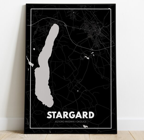 Plakat Stargard i Jezioro Miedwie - Mapa - Czarny