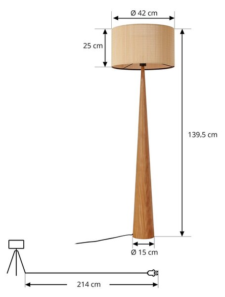 Lampa stojąca Fabrena Lucande, jasne drewno, salon / jadalnia, drewno