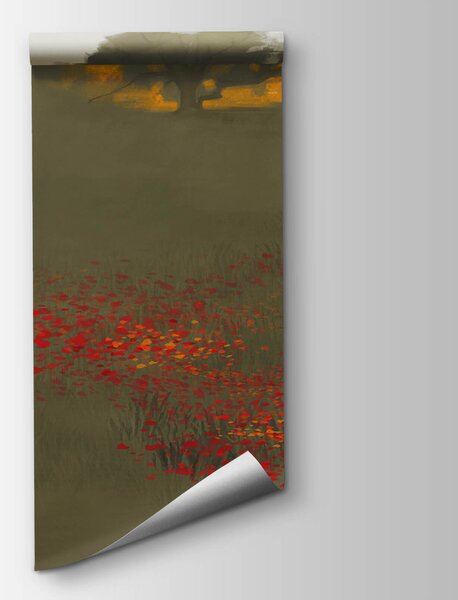 Fototapeta Pole czerwonych kwiatów z domem w tle, Fototapety Natura, Popularne Fototapety, t00525 - Tapeko.pl