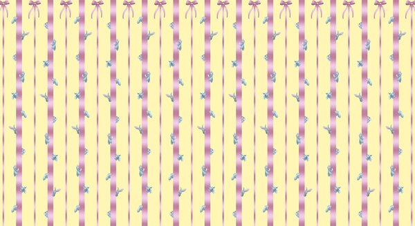 Fototapeta Różowo-żółte tło w paski z ptakami i kokardkami, Fototapety z zwierzętami, Popularne Fototapety, t00477 - Tapeko.pl