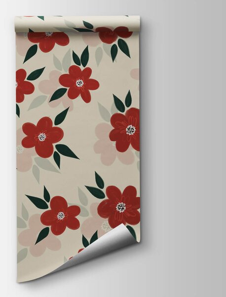 Fototapeta Wzór czerwonych kwiatów i zielonych liści, Fototapety Kwiaty, Popularne Fototapety, t00485 - Tapeko.pl
