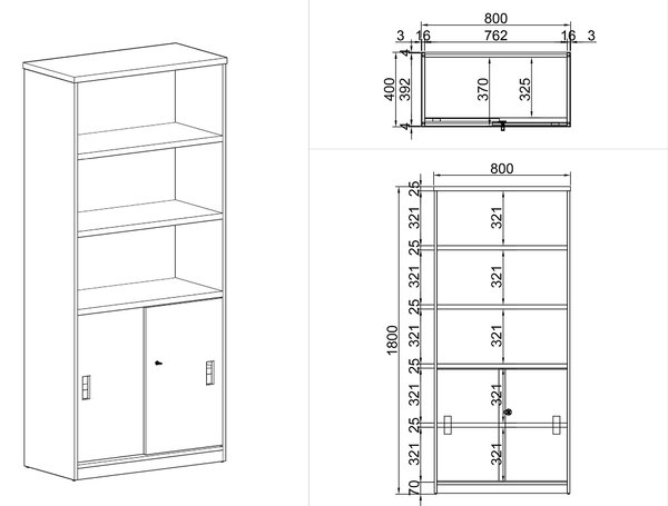 Szafa przesuwna MIRELLI A+, 800 x 400 x 1800 mm, brzoza