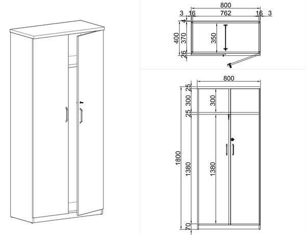 Szafa szatniowa MIRELLI A+ z wysuwanym wieszakiem, 800 x 400 x 1800 mm, brzoza