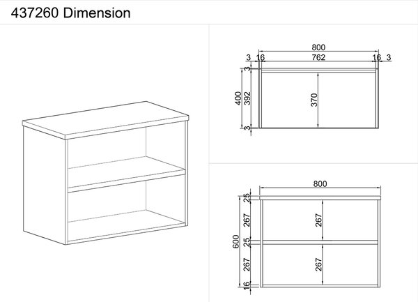 Nadstawka otwarta MIRELLI A+, 800 x 400 x 600 mm, brzoza