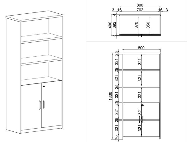 Szafa dwudrzwiowa z półkami MIRELLI A+, 800 x 400 x 1800 mm, czereśnia