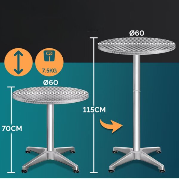 Regulowany aluminiowy stół barowy NERO, Ø60 cm, srebrny Casaria