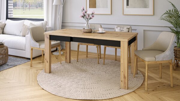 FONTE Dąb Artisan / Czarny Mat - KLASYCZNY STÓŁ KUCHENNY/DO SALONU ROZKŁADANY DO 130 lub 155 cm!