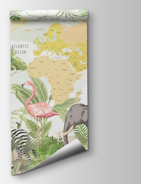 Fototapeta Mapa świata ze zwierzętami, Fototapeta Mapa Świata dla Dzieci, Popularne Fototapety, w00373 - Tapeko.pl