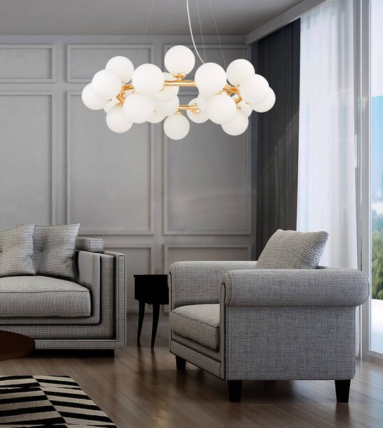 LAMPA WISZĄCA NOWOCZESNA ZŁOTA BIAŁE KULE MARSIADA 25 LUMINA DECO
