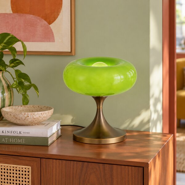 Lampa stołowa retro ciemny brąz z zielonym szklanym kloszem 31cm - Glaze