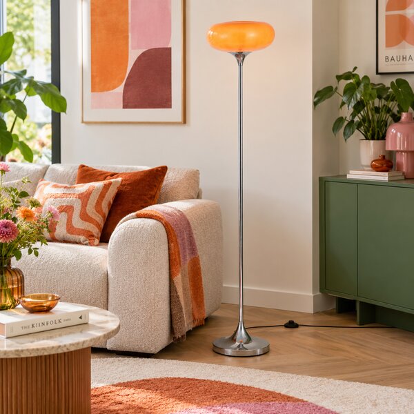 Lampa podłogowa retro chromowana z pomarańczowym szklanym kloszem 150 cm - Glaze