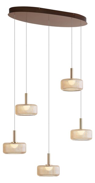 Designerska lampa wisząca Fiera, różowe złoto z bursztynowym szkłem, z LED, 3-stopniowe ściemnianie, 5-punktowa, Easylift
