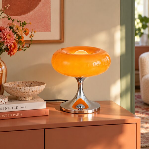 Lampa stołowa retro chromowana z pomarańczowym szklanym kloszem 31cm - Glaze