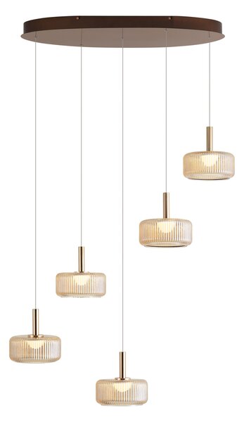Designerska lampa wisząca Fiera, różowe złoto z bursztynowym szkłem, z LED, 3-stopniowe ściemnianie, 5-punktowa, Easylift