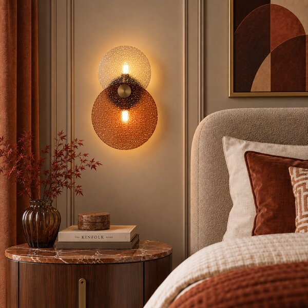 Lampa ścienna Art Deco ciemny brąz z bursztynowym szkłem 2-punktowa - Text