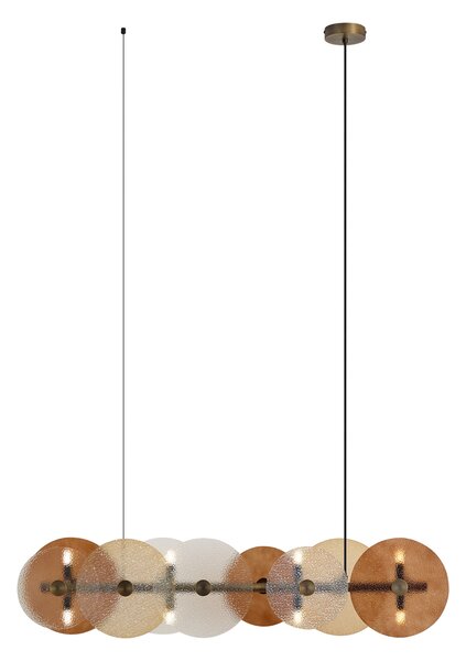 Lampa wisząca Art Deco brązowa z bursztynowym szkłem, liniowa, 8-punktowa - Text