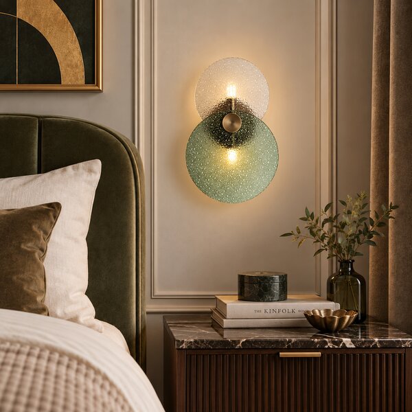 Lampa ścienna Art Deco ciemny brąz z zielonym i przezroczystym szkłem 2-punktowa - Text