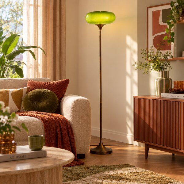 Lampa podłogowa retro ciemny brąz z zielonym szklanym kloszem 150 cm - Glaze