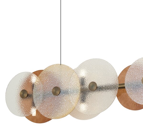 Lampa wisząca Art Deco brązowa z bursztynowym szkłem, liniowa, 8-punktowa - Text