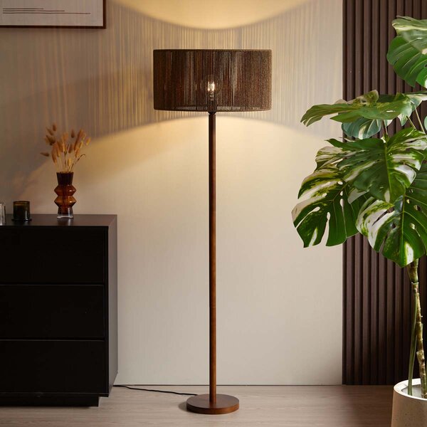 Lampa podłogowa drewno orzechowe z brązowym abażurem z papierowego sznurka 50/50/25 - Mels