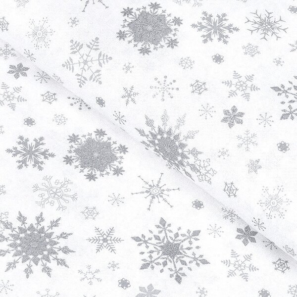 Goldea ekskluzywna tkanina bawełniana - srebrne śnieżynki na białym - szer. 150cm 150 cm