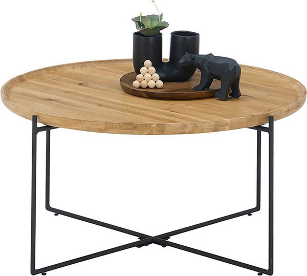 Okrągły dębowy stolik z metalową ramą, 80 cm średnicy