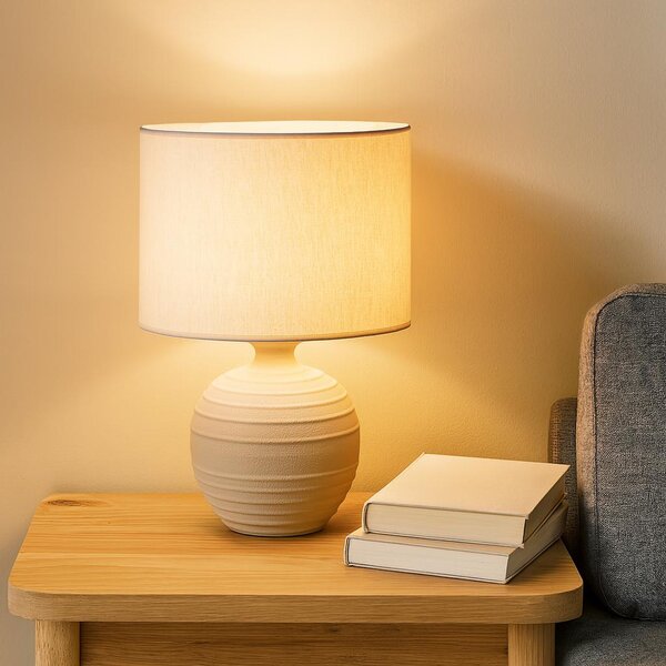 Lampa stołowa z okrągłą podstawą cementową, abażur lniany, Ø 32 x 47 cm
