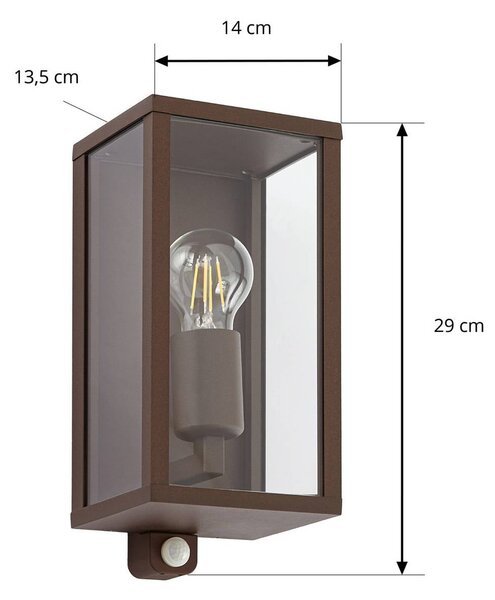 Kinkiet zewnętrzny Lindby Peldar, kolor rdzawy/przezroczysty, 26 cm, czujnik Peldar Lindby, możliwość ściemniania, brązowy / rdzawy, aluminium, nowoczesny