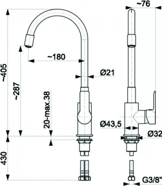 Bateria kuchenna, 40,5 cm, biaa, z obrotow wylewk 360°, Lentis