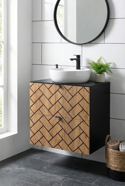 Szafka umywalkowa w jodełkę 60 cm czarny + dąb craft złoty K9-A37