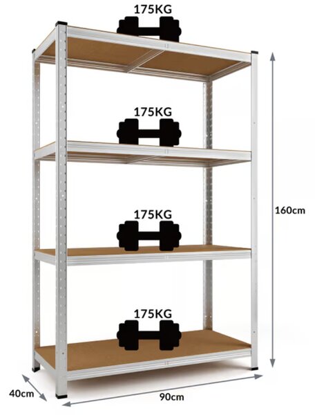 Regał o dużej nośności HEAVY, max. 700 kg, 90x40x160cm, srebrny Monzana