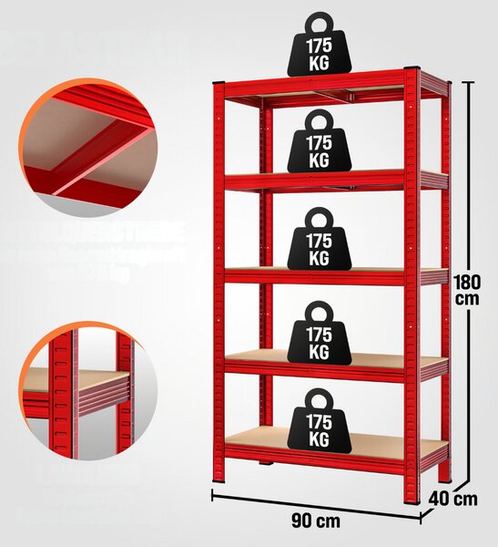 Regał o dużej nośności HEAVY, max. 875kg, 180×90×40cm, czerwony Monzana